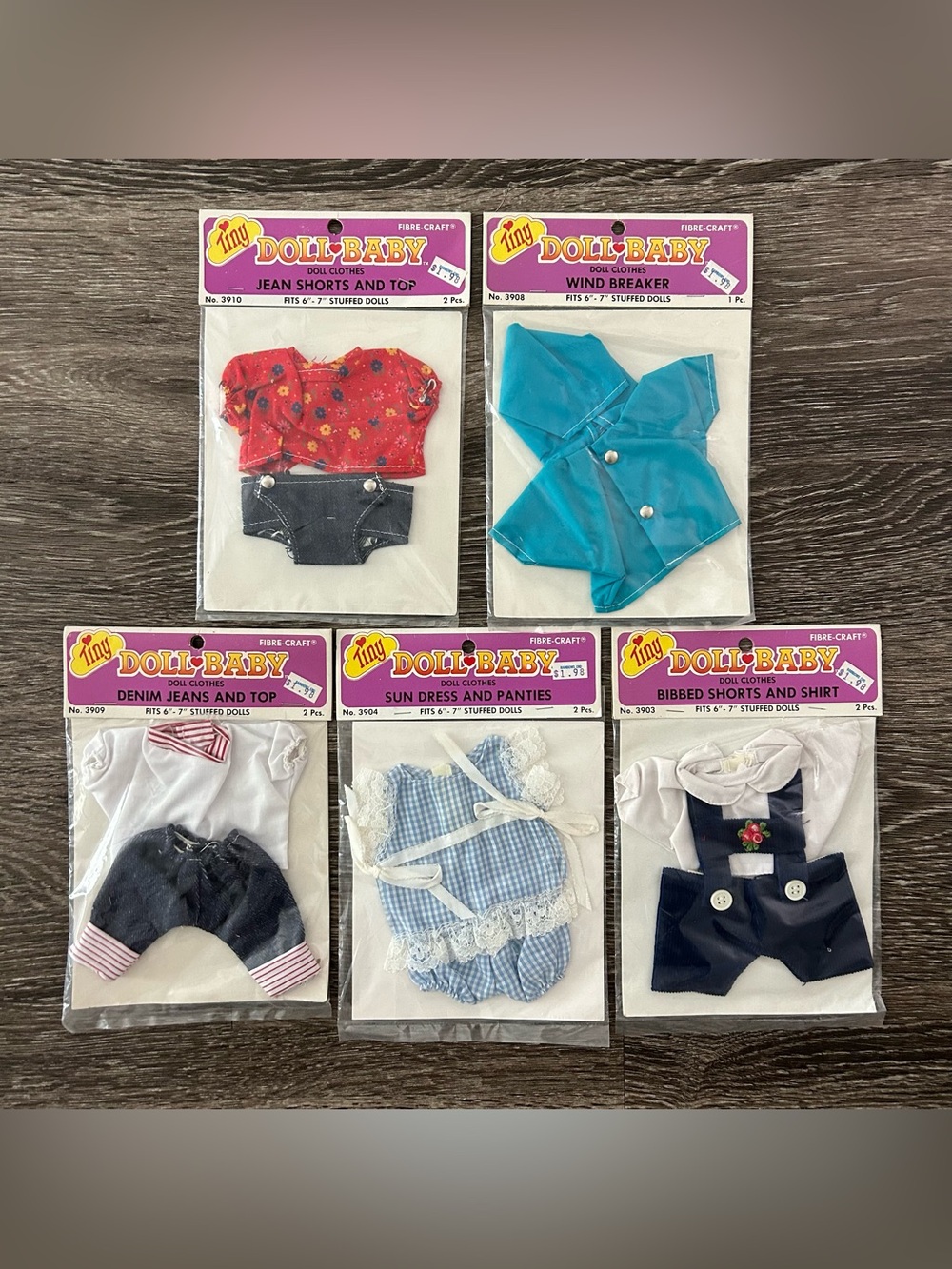 Vintage Fibre Craft Tiny Doll Baby Outfits Lot of 5 NEW Fits 6-7” Stuffed Dolls